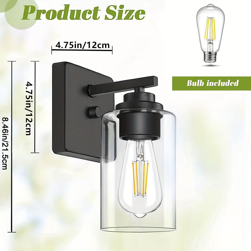 Juego de 2 Apliques de Pared para Baño, Luces Modernas para Tocador, Linternas de Iluminación de Montaje en Pared en Negro Mate, Luces de Pared Estilo Granja con Pantalla de Vidrio Transparente para Dormitorio, Sala de Estar, Pasillo y Cocina (Bombilla I