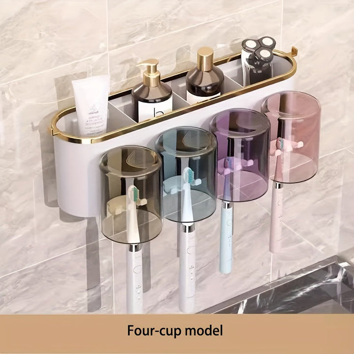1pc Soporte multifuncional de lujo para cepillos de dientes y estante para tazas - Almacenamiento de pasta de dientes y enjuague bucal montado en la pared con exprimidor incorporado - Organizador de baño que ahorra espacio hecho de plástico duradero