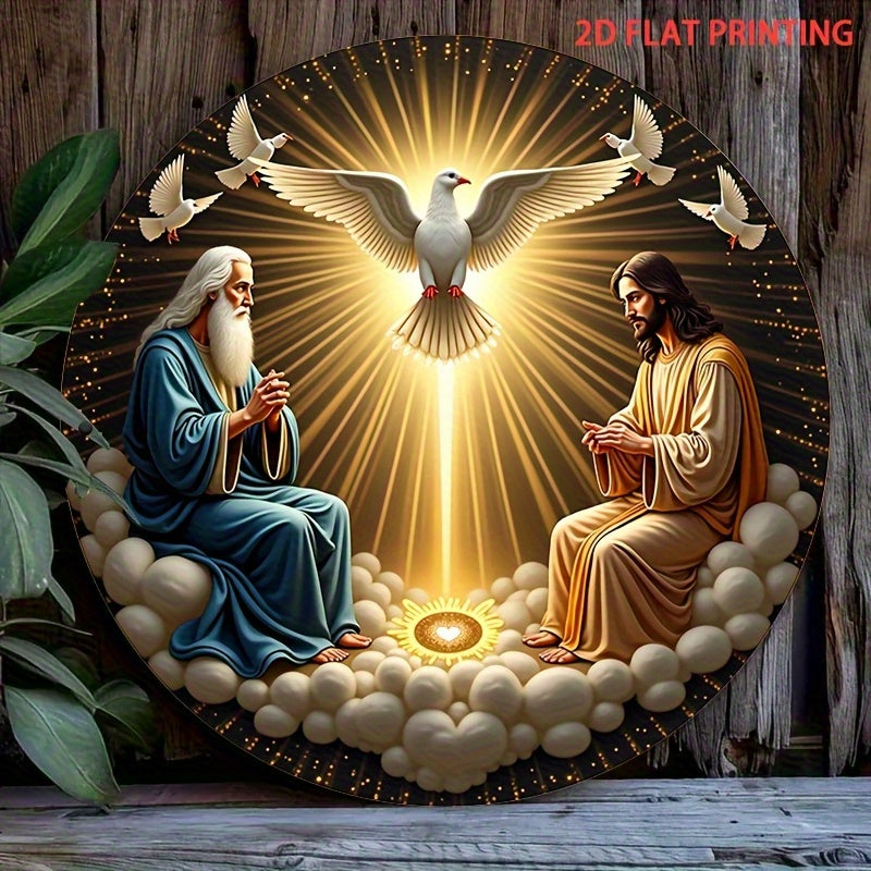 Letrero de Pared Artificial Redondo de Madera 2D, 8 Pulgadas - Sagrada Trinidad con Paloma y Ángeles, Diseño Religioso Estilo Clásico Americano, Decoración para Interior/Exterior, Fácil Colgado en Puerta, Arte Espiritual Duradero para Hogar, Oficina o Bar