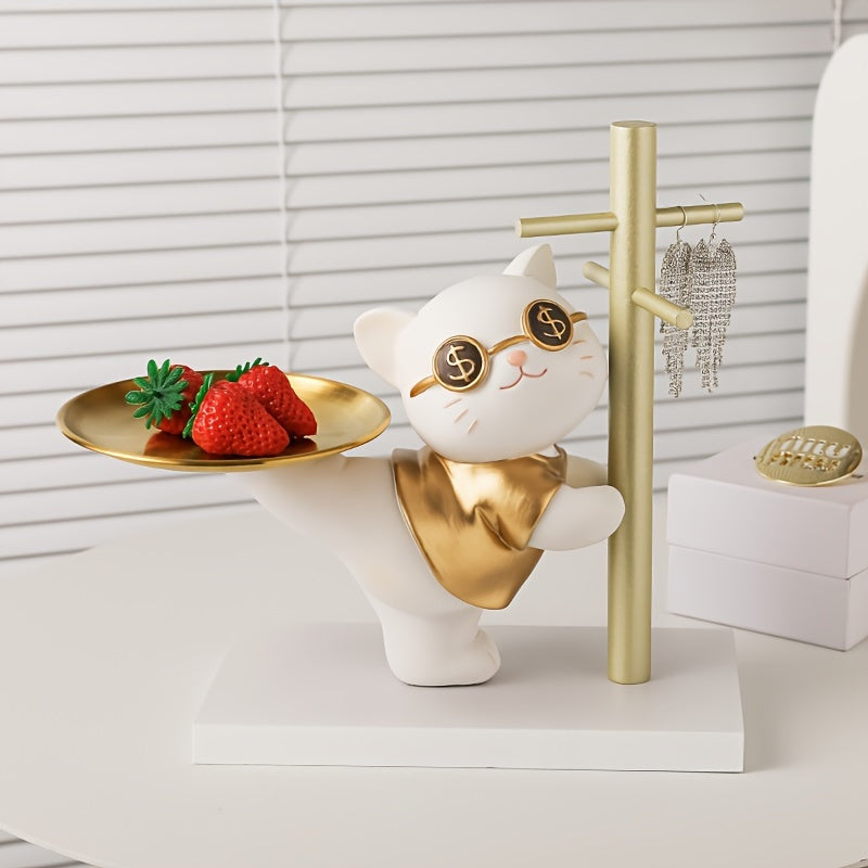 1 pieza, Figurita de gato de la suerte de resina con bandeja dorada, soporte para llaves y joyas, organizador de almacenamiento decorativo para accesorios, acento de decoración del hogar, idea de regalo perfecta, soporte de exhibición multiusos