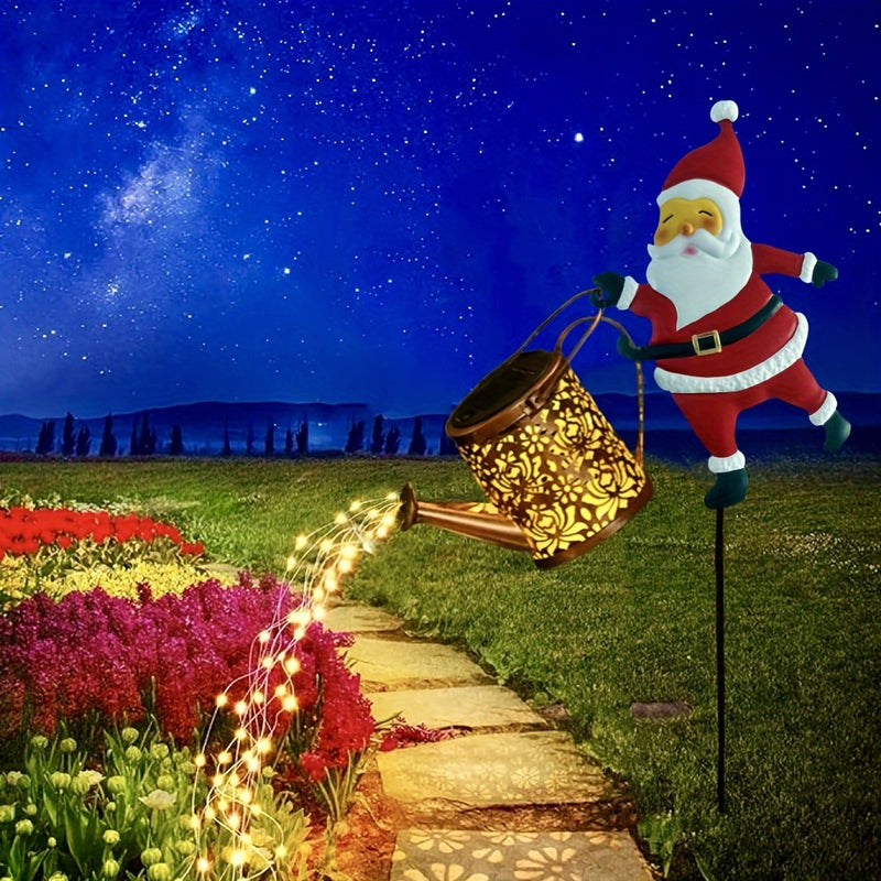 Linternas solares para jardín al aire libre, luces colgantes solares en forma de tetera, Papá Noel lleva una tetera Lámpara de riego con luz fluída de alta luminosidad, Adecuado para jardín, césped, patio, luces navideñas de decoración festiva