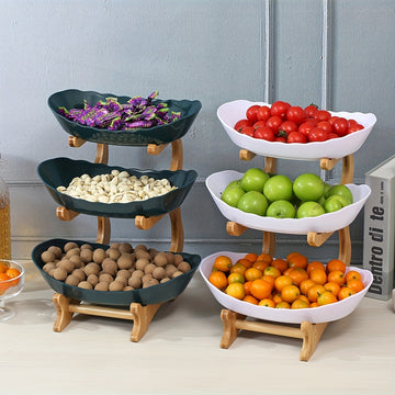 Un Conjunto de Cesta de Frutas Creativa de Dos/Cuatro Capas para Cocina de Gran Capacidad, Bandeja de Frutas Secas Estilo Europeo, Estantería de Madera de Bambú para Hogar, Bandeja de Snacks, Bandeja de Dulces, Cesta de Frutas
