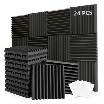 24 paneles de espuma negra de alta densidad insonorizantes con cinta adhesiva doble cara gratis, 12x12x1 pulgadas, paneles acústicos ignífugos para paredes, reducción de ruido, recuperación rápida, ideales para oficinas en casa, estudios, salas de confer