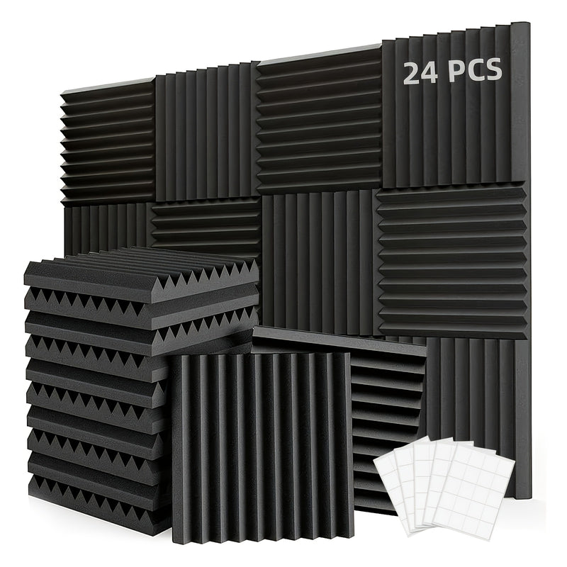 24 paneles de espuma negra de alta densidad insonorizantes con cinta adhesiva doble cara gratis, 12x12x1 pulgadas, paneles acústicos ignífugos para paredes, reducción de ruido, recuperación rápida, ideales para oficinas en casa, estudios, salas de confer