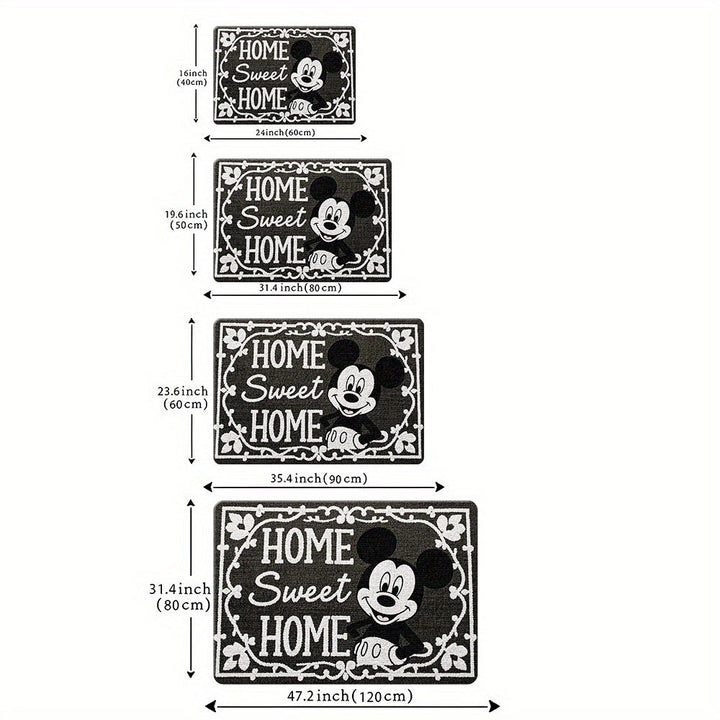 Tapete de entrada "Hogar dulce hogar" de Mickey y Minnie Mouse - Antideslizante, fácil de limpiar, de poliéster, para entrada, dormitorio o baño - Diseño elegante en blanco y negro con detalles florales, alfombra de baño | Tapete con detalles florales |