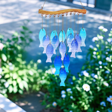 Campanilla de Viento de Pescado de Vidrio Azul Hecha a Mano - Gran Decoración Colgante para Exteriores/Interiores con Pez Esférico Vibrante, Sin Necesidad de Electricidad para Jardín, Patio, Fiestas en la Playa, Bodas y Festividades (Halloween, Navidad,