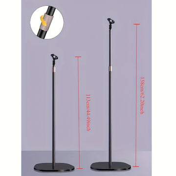 Soporte de micrófono profesional con soporte para teléfono - Soporte de piso de hierro negro para transmisión en vivo, base redonda, poste ajustable, soporte para micrófono de condensador, equipo de transmisión en vivo | Soporte elegante negro | Construc