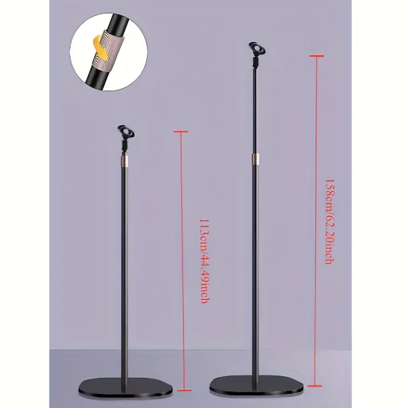 Soporte de micrófono profesional con soporte para teléfono - Soporte de piso de hierro negro para transmisión en vivo, base redonda, poste ajustable, soporte para micrófono de condensador, equipo de transmisión en vivo | Soporte elegante negro | Construc
