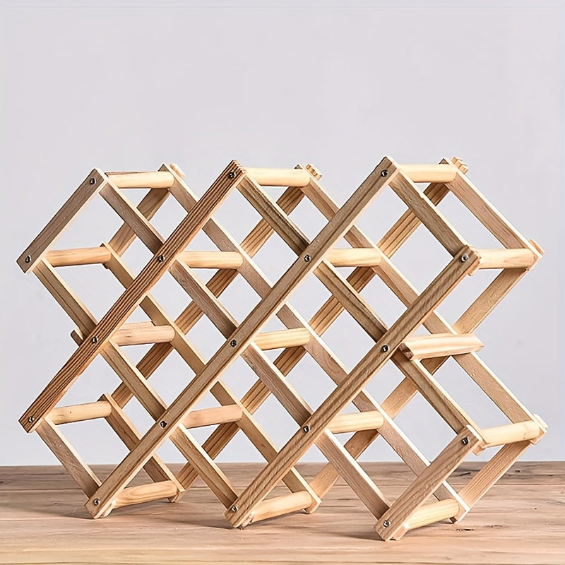 Este soporte de vino plegable puede contener 10 botellas y está hecho de madera, adecuado para cocinas, bares y mostradores de vino.