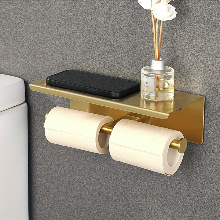 Soporte de papel higiénico de acero inoxidable con estante, diseño de doble cabeza, acabado cepillado, ahorro de espacio para baño, dorado, accesorio de inodoro.