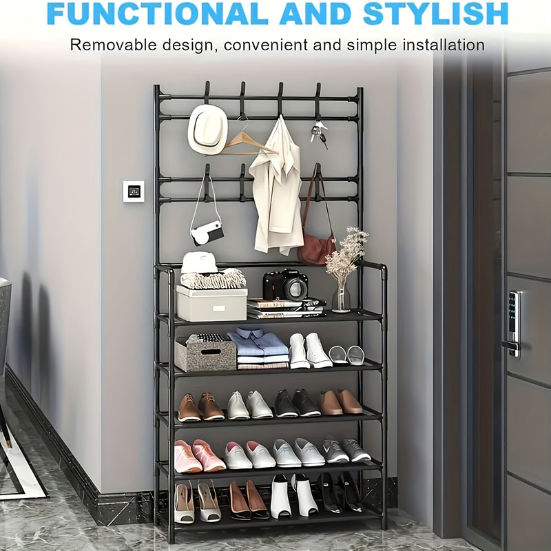 Estantería Multifuncional de 5 Niveles con 8 Ganchos Dobles - Organizador de Zapatos y Ropa en Acero Inoxidable, Marco Metálico Resistente para Sala, Baño o Tienda, Unidad Versátil de Almacenamiento, Estante Contemporáneo y Robusto, Ahorra Espacio