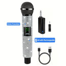 Sistema de micrófono con conector de 3,5 mm a 6,35 mm, control de volumen, indicador de batería y conectividad inalámbrica de 2,4 GHz, recargable.