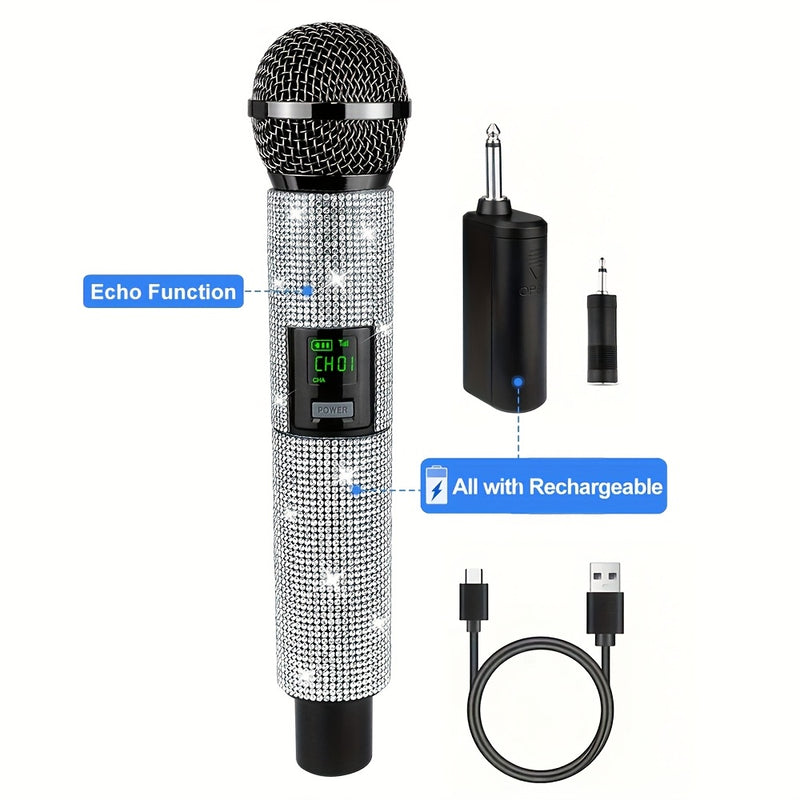 Sistema de micrófono con conector de 3,5 mm a 6,35 mm, control de volumen, indicador de batería y conectividad inalámbrica de 2,4 GHz, recargable.