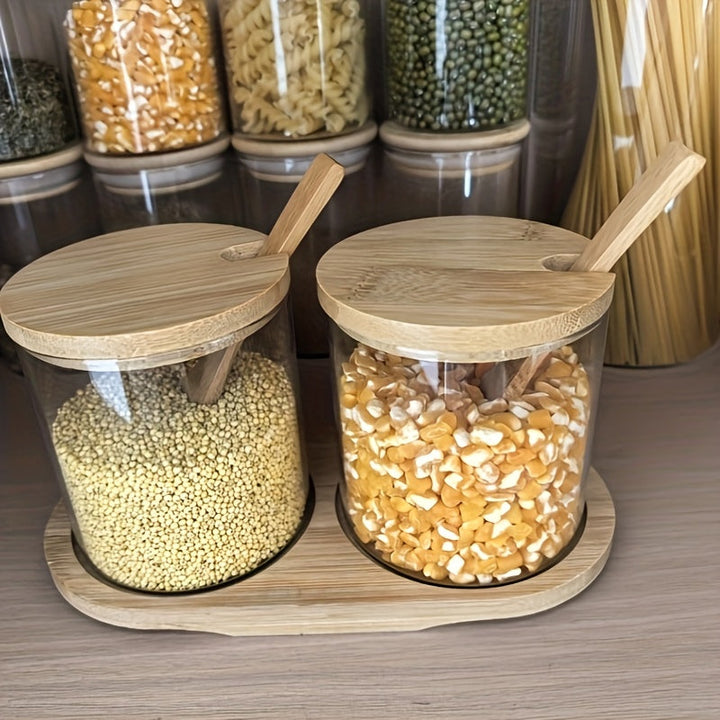 Juego de 3 Tarros de Vidrio con Bandeja y Cuchara, 11.83 oz/350 ml, Recipientes Herméticos para Almacenar Sal, Pimienta, Azúcar y Especias, Contenedores Apto para Alimentos, Ideal para Conservación de Condimentos
