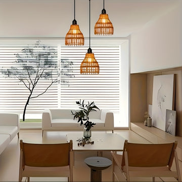 Lámpara de techo de caña de bambú con energía solar - Lámpara colgante de caña de bambú hecha a mano con bombillas LED de bajo consumo, sensor de luz y batería de níquel, montaje semienterrado para isla de cocina, comedor, sala de estar, dormitorio, lámp
