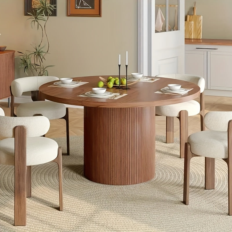 1pc Mesa Redonda de 47 Pulgadas, Base de Madera Estilo Moderno Granja para Cocina o Sala, Apta para 4 Personas, Color Nogal