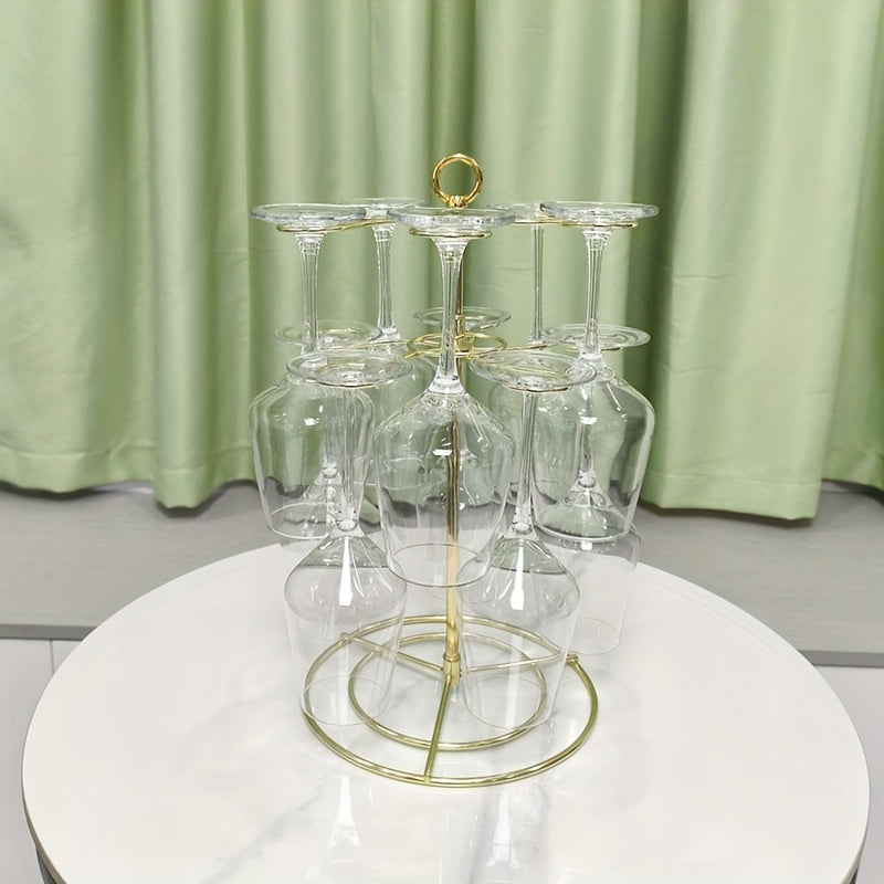 Soporte de vino de metal dorado independiente con 10 ganchos - Organizador de vajilla elegante para barra de casa, cocina o mesa de comedor, soporte de almacenamiento de vino, diseño elegante, construcción duradera