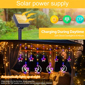 Luz de barra de hielo lunar estelar alimentada por energía solar LED, 8 modos, IP44, luces de cuerda lunar estelar, adecuadas para decoración colgante, adecuadas para camping al aire libre, patios, porches, villas y decoración de fiestas de vacaciones.