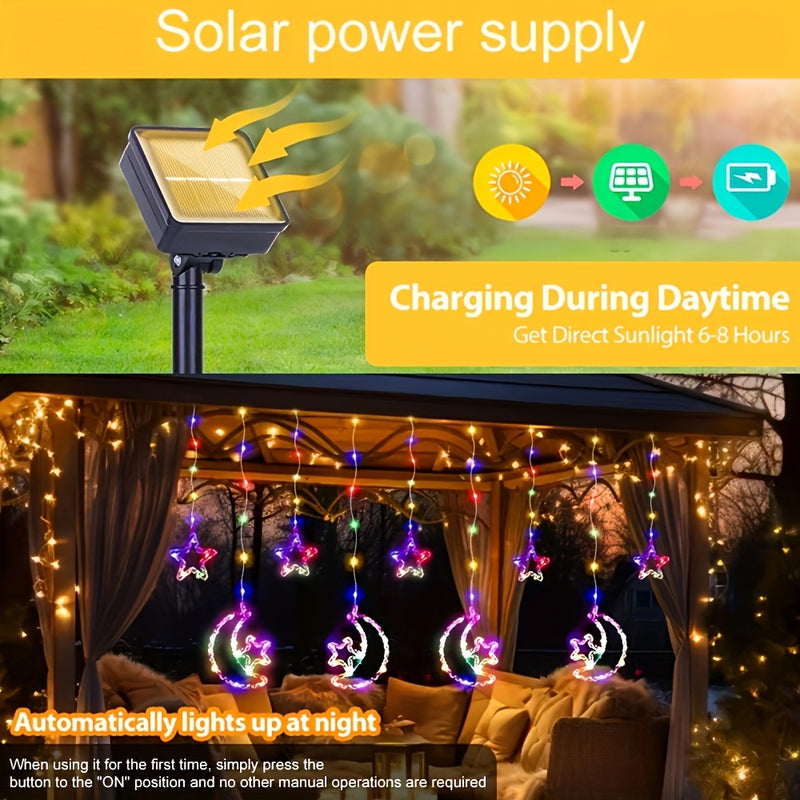 Luz de barra de hielo lunar estelar alimentada por energía solar LED, 8 modos, IP44, luces de cuerda lunar estelar, adecuadas para decoración colgante, adecuadas para camping al aire libre, patios, porches, villas y decoración de fiestas de vacaciones.