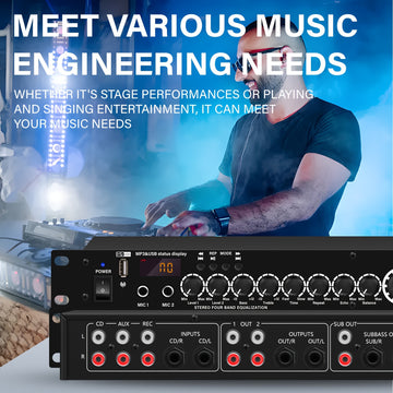 Procesador de audio digital profesional con mezclador, multiefectos, DSP y ecualizador.