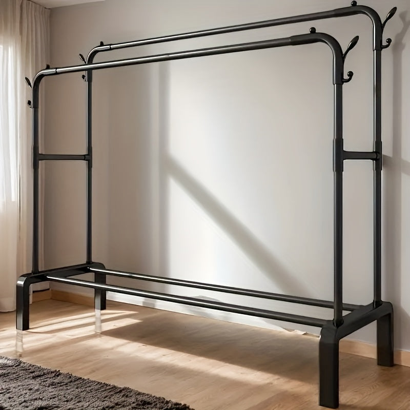 1pc Perchero clásico de doble varilla, gran capacidad de hierro y plástico, de pie con estantes para abrigos, sombreros, zapatos - Ideal para dormitorio, balcón, almacenamiento de baño - Fácil autoensamblaje, perchero autoensamblado | Elegante acabado ne