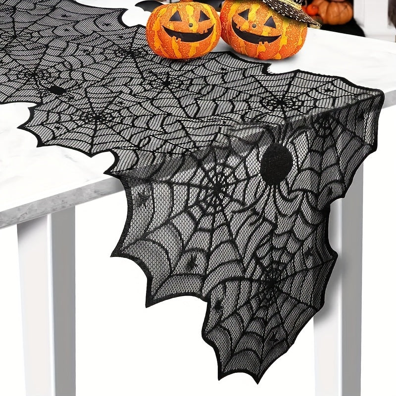 Cubre mesa de encaje para Halloween - Decoración de telaraña para fiestas, 1 pieza, poliéster, negro, ideal para restaurantes, cocinas y eventos festivos