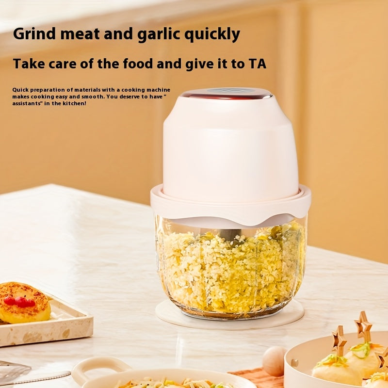 Picadora de Carne Eléctrica Recargable por USB y Triturador de Verduras de 22000 RPM - Aparato Multifunción 6 en 1 con Tarro de Vidrio, 6 Cuchillas de Acero Inoxidable, Diseño Compacto para Cocina Casera, Preparación de Alimentos, Batidos, Salsas, Herram