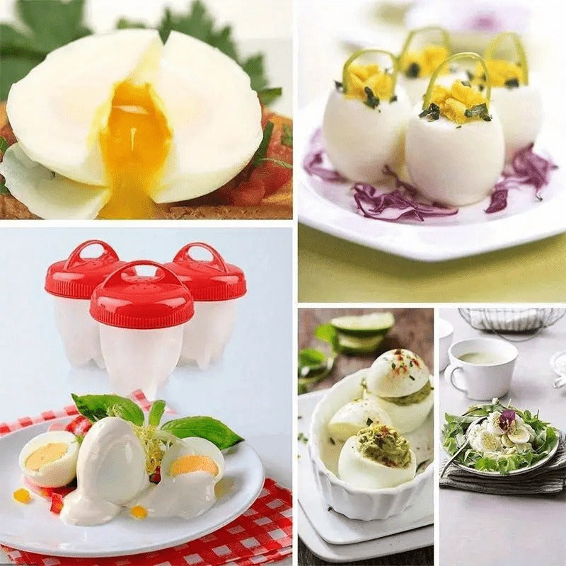 Juego de 4 cocineros de huevos de silicona - Tazas resistentes al calor con tapas rojas - Fáciles de limpiar, antiadherentes, sin cáscara, fabricante de desayuno, no necesita electricidad, fácil de cocinar huevos | Ojos rojos circulares | Silicona antiad