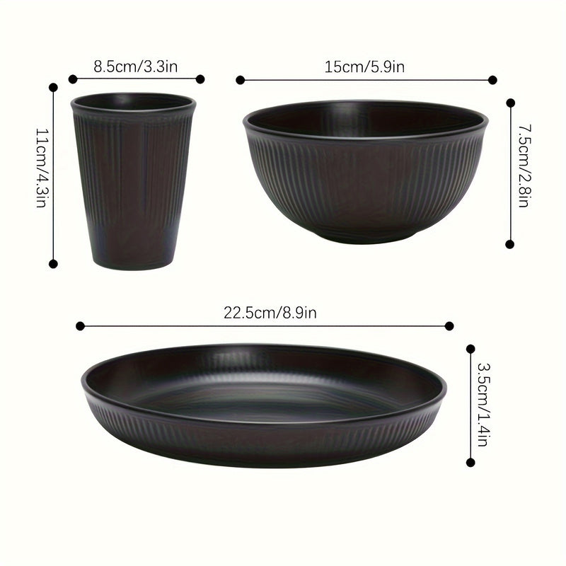 Juego de vajilla irrompible con temática navideña, 18 piezas - Platos, tazones y vasos negros, aptos para lavavajillas y microondas, ideal para cocina, residencias estudiantiles, campamentos, autocaravanas, picnics, reuniones festivas y aventuras al aire