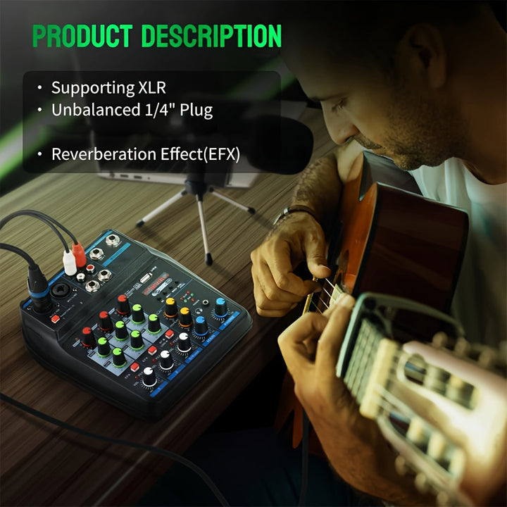 Mixer de audio portátil de 4 canales con interfaz USB - Consola de mezcla de sonido profesional mini DJ para producción de música en casa, karaoke y transmisión en vivo, mixer de audio para coche | Consola de mezcla compacta | Construcción duradera de pl