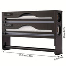Organizador de cocina con cortador de papel film y soporte para papel - Solución de almacenamiento tres en uno: dispensador de papel encerado, rollos de papel encerado y aluminio - Ahorra espacio con portarrollo de plástico y dispensador de envoltura