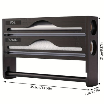 Organizador de cocina con cortador de papel film y soporte para papel - Solución de almacenamiento tres en uno: dispensador de papel encerado, rollos de papel encerado y aluminio - Ahorra espacio con portarrollo de plástico y dispensador de envoltura