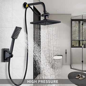 Juego de ducha negro mate de lujo con cabezal de mano - Alta caudalidad, montado en la pared, con una manguera extralarga y un divisor de tres vías para mejorar la experiencia del baño