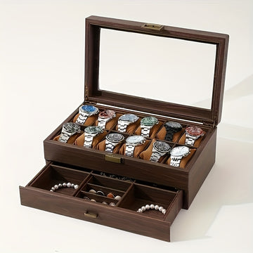 Organizador de relojes y joyas de lujo de 12 ranuras con tapa de vidrio - Almacenamiento de doble capa para relojes, anillos, gafas de moda - Ideal para hombres, mujeres, parejas - Regalo perfecto para bodas, cumpleaños, Pascua, Día del Padre - Resistent