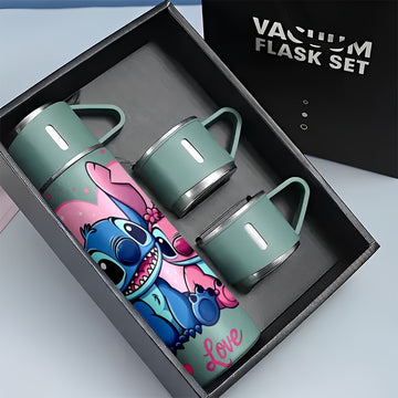 Juego de 1 termo de acero inoxidable Disney Stitch de 17 oz, taza térmica a prueba de fugas con 3 tazas para bebidas frías y calientes, ideal para viajes de negocios y útiles escolares, modelo LHB03211