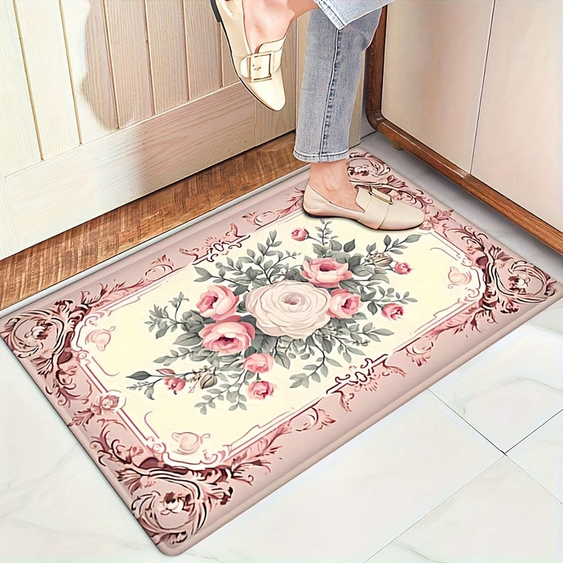 1pc Alfombra decorativa absorbente para cocina, baño y sala de estar de estilo campestre francés, lavable en máquina con respaldo de PVC antideslizante y alfombra de poliéster de 600gsm, rectangular, para entrada