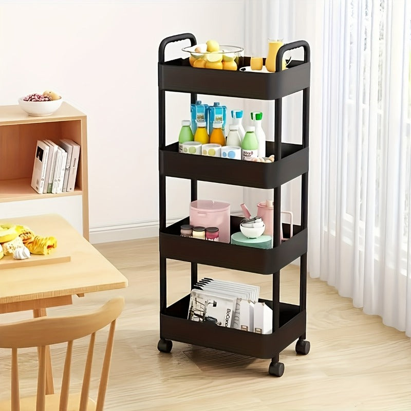 Carro de almacenamiento de 4 niveles con ruedas rodantes - Plástico duradero, fácil de mover, ideal para cocina, baño, dormitorio - Blanco, ruedas de rodadura suave, diseño de almacenamiento abierto para organizar lo esencial, carrito de utilidad moderno
