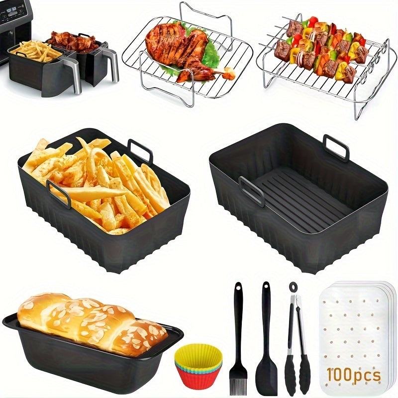 Juego de accesorios para freidora de aire de 10 piezas compatible con Ninja AF300UK AF400UK AF451UK, Tower T17088, Salter, Cookwise - Rejilla de acero inoxidable, Forro de silicona, Molde de pan de acero al carbono, Molde para pastelitos, Set de herramie