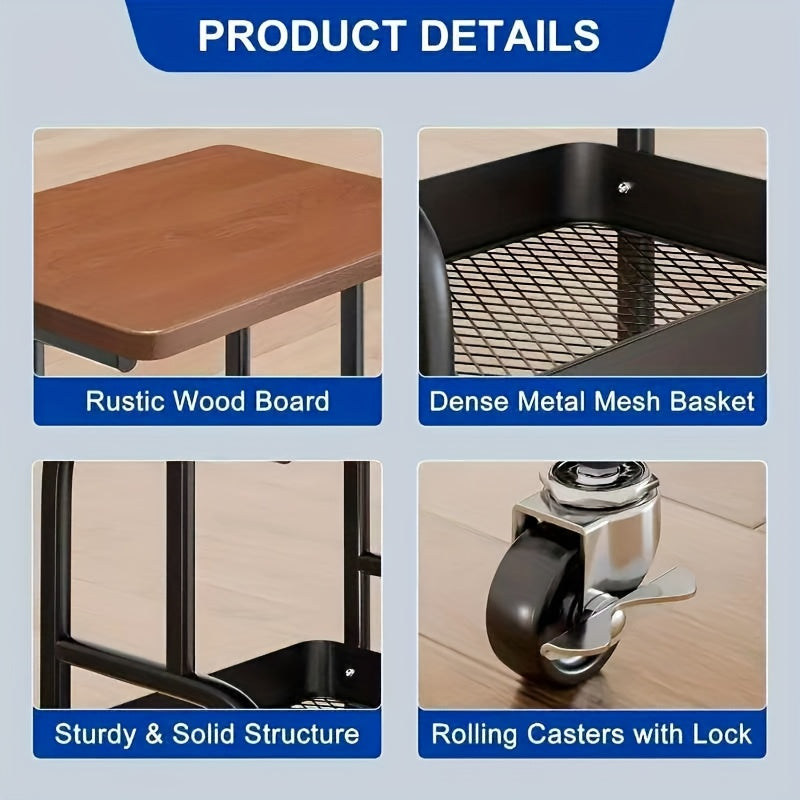 Carrito de almacenamiento rodante de 3 niveles con parte superior de madera y ruedas - Organizador versátil para snacks, libros y más - Ideal para uso en casa o en la oficina, carrito de almacenamiento de oficina | Carrito de almacenamiento moderno | Est