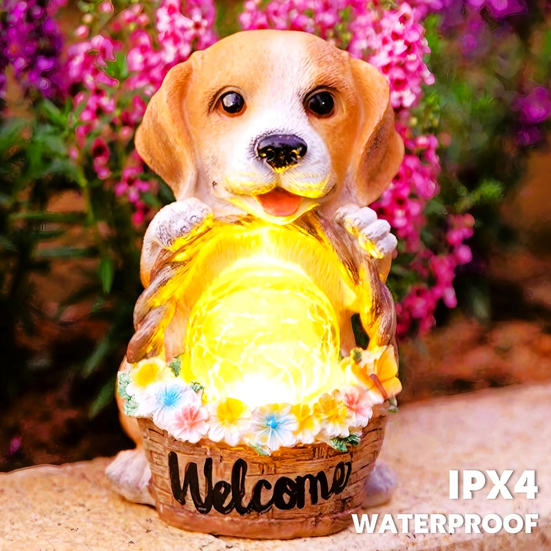 1pc Decoración De Jardín Perro Energía Solar Animal Decoración Señal De Bienvenida, Estatua Luz Nocturna, Luz De Resina Artesanal De Jardín