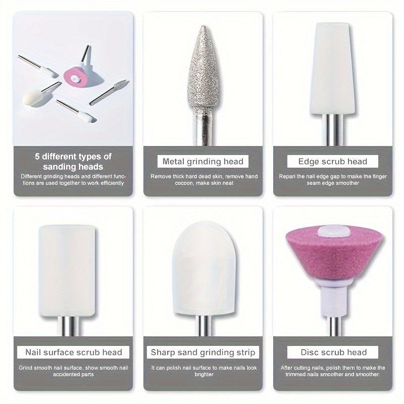 Amoladora de Uñas 5-en-1 con Batería y Cinco Cabezales de Molienda para Manicura y Arte de Uñas DIY