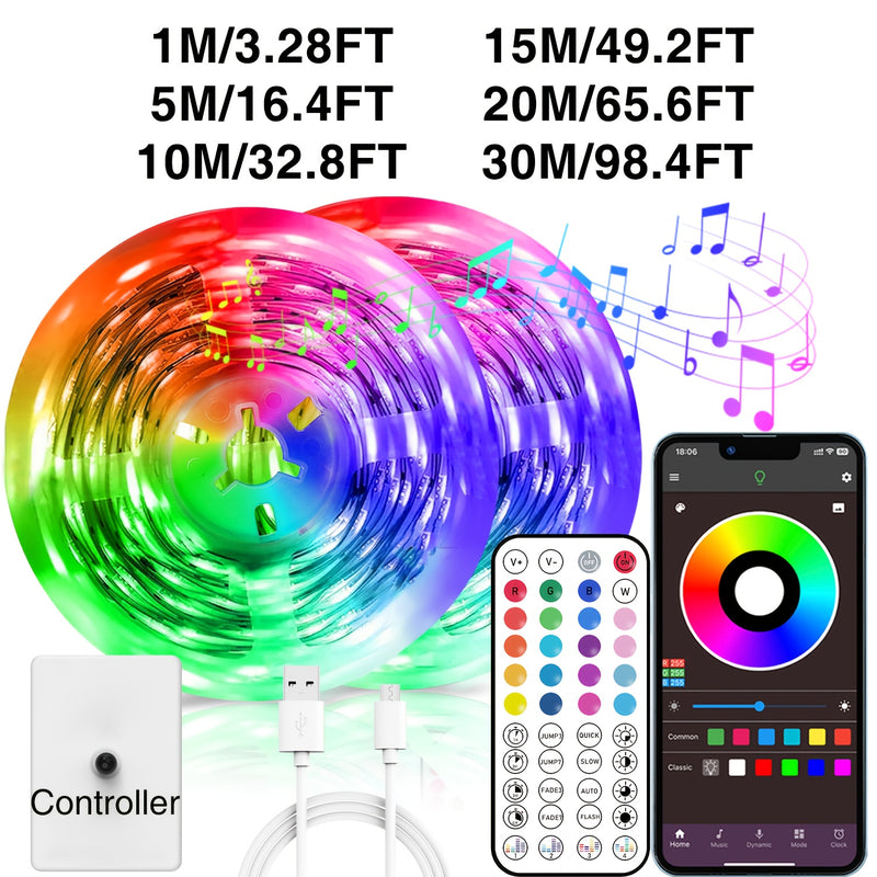NBBUFF Luces LED Inteligentes de 30,48 pies (2 rollos de 15,24 pies) con control remoto y aplicación, luces LED RGB sincronizadas con música, temporizador, parpadeo, saltos, para salas de música, salas de estar, iluminación de escenario, regalo de Hallow