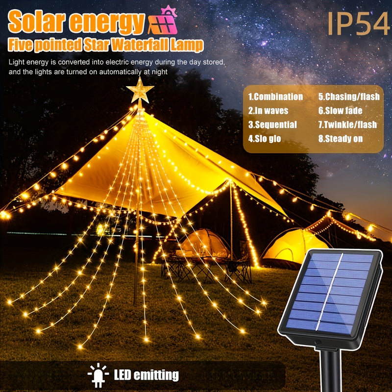 1pc 298.7cm 280 LED Luz de cascada de estrella de cinco puntas, luz solar para acampar al aire libre, 8 modos de luz de cuerda para exteriores, utilizada para decorar la ventana del jardín, cortina de decoración del patio, árbol de Navidad, fiesta en cas