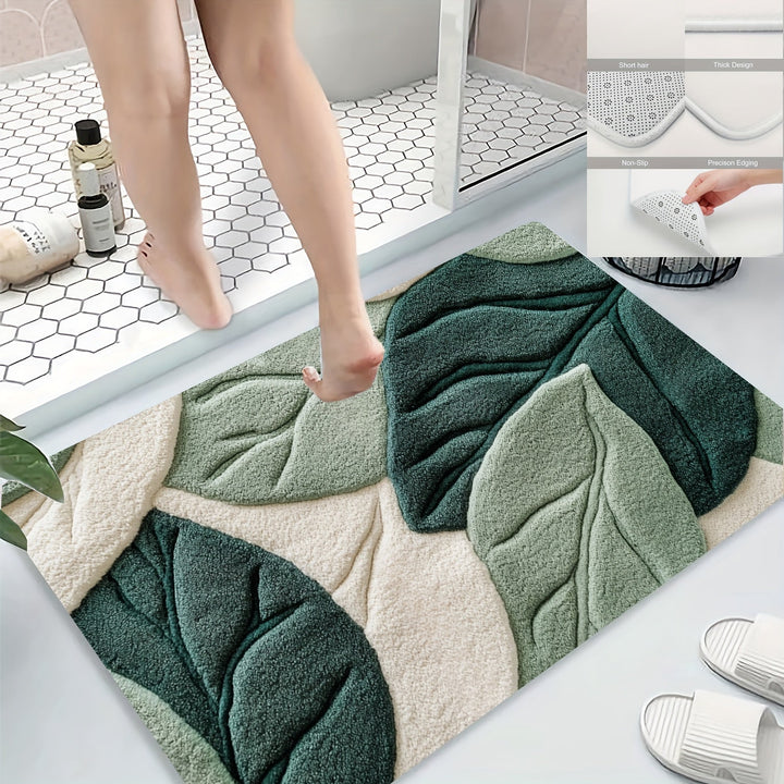 Alfombra de Baño con Patrón de Hoja Verde, Lavable en Máquina - Ideal para Cocina, Entrada y Decoración de Ducha - Regalo Perfecto para Estrenar Casa, Accesorio para Baño y Cocina