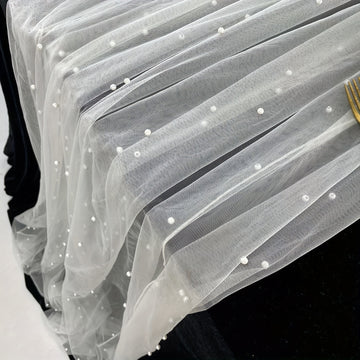 1pc Camino de Mesa con Perlas y Sobrecapa de Encaje Transparente - Poliéster Resistente a Arrugas para Arco Nupcial & Decoración de Comedor, Mantel Blanco Romántico Rectangular para Despedidas de Soltera, Banquetes y Eventos Especiales, Decoraciones de M