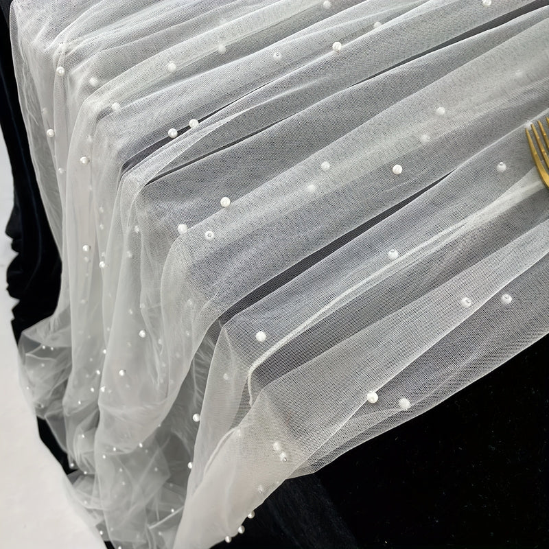 1pc Camino de Mesa con Perlas y Sobrecapa de Encaje Transparente - Poliéster Resistente a Arrugas para Arco Nupcial & Decoración de Comedor, Mantel Blanco Romántico Rectangular para Despedidas de Soltera, Banquetes y Eventos Especiales, Decoraciones de M