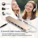 Un adaptador USB 8 en 1 con un conector de audio, diseñado para tabletas, con un adaptador multi puerto, alimentado por USB, que opera a 5V, compatible con tabletas.
