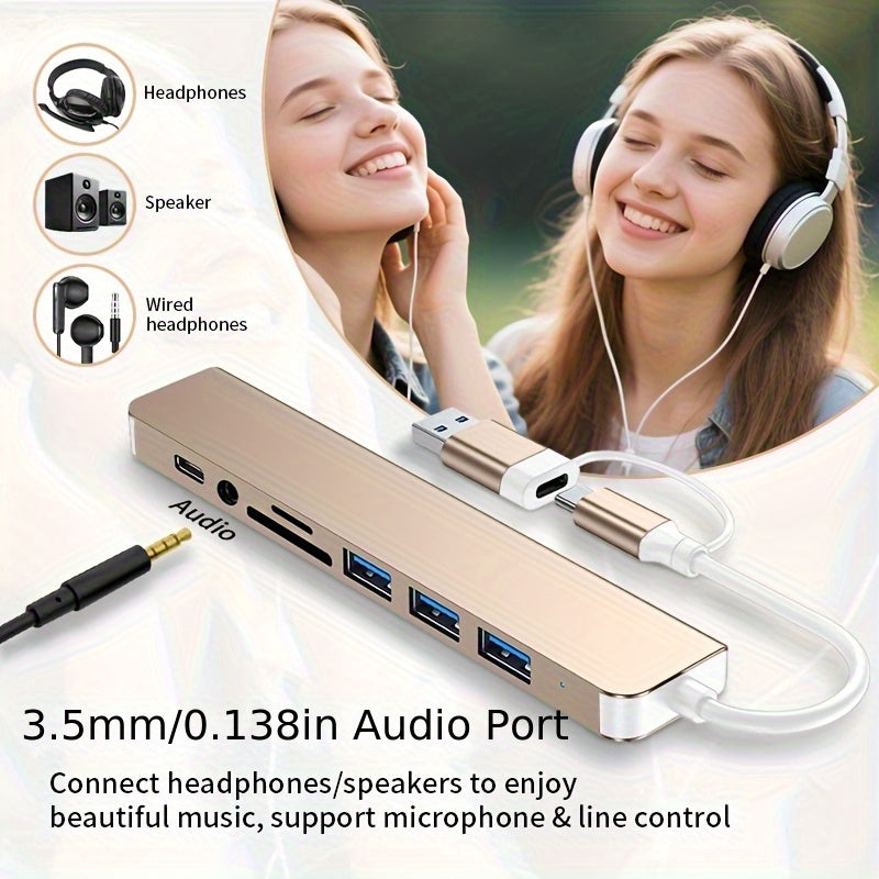 Un adaptador USB 8 en 1 con un conector de audio, diseñado para tabletas, con un adaptador multi puerto, alimentado por USB, que opera a 5V, compatible con tabletas.