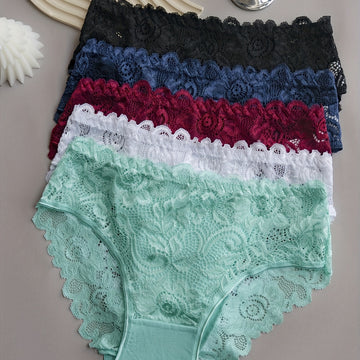 Conjunto de 5 Bragas de Encaje Floral, Bragas Triangulares Cómodas para Mujer con Ribete de Encaje