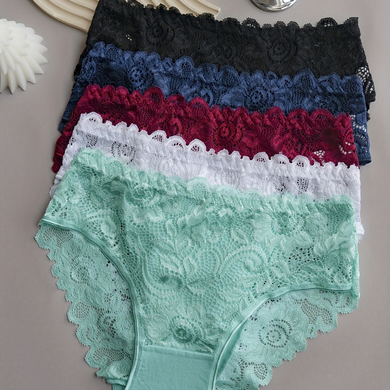 Conjunto de 5 Bragas de Encaje Floral, Bragas Triangulares Cómodas para Mujer con Ribete de Encaje